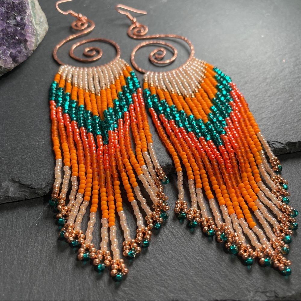 Hammered Copper Hoops With Long Orange Teal Glass Beaded Fringe Earrings - Picture 2 of 11